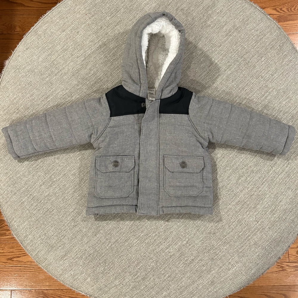 Carters Baby Boys Gray Zip-Up Fleece-Lined Winter Coat - Size 12 Months